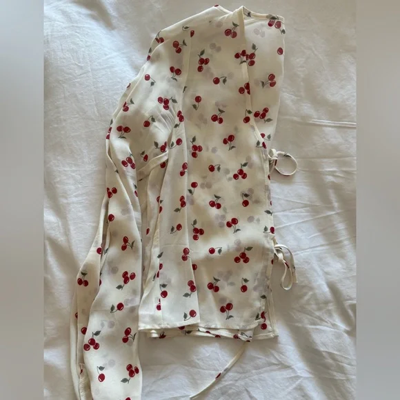 Reformation Cherry Print Tie-Front Blouse - Cream and Red - Picture 4 of 4